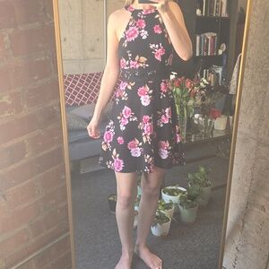 No Boundaries Black Floral Halter Dress with Pink Accents